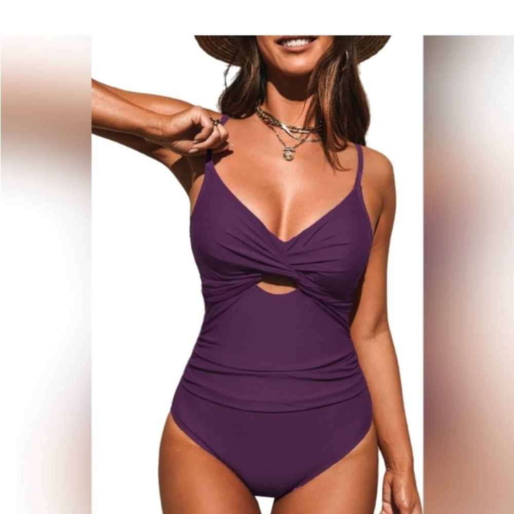 NEW CUPSHE One Piece Purple Swimsuit V Neck Cutout Adjustable Strap SZ Large